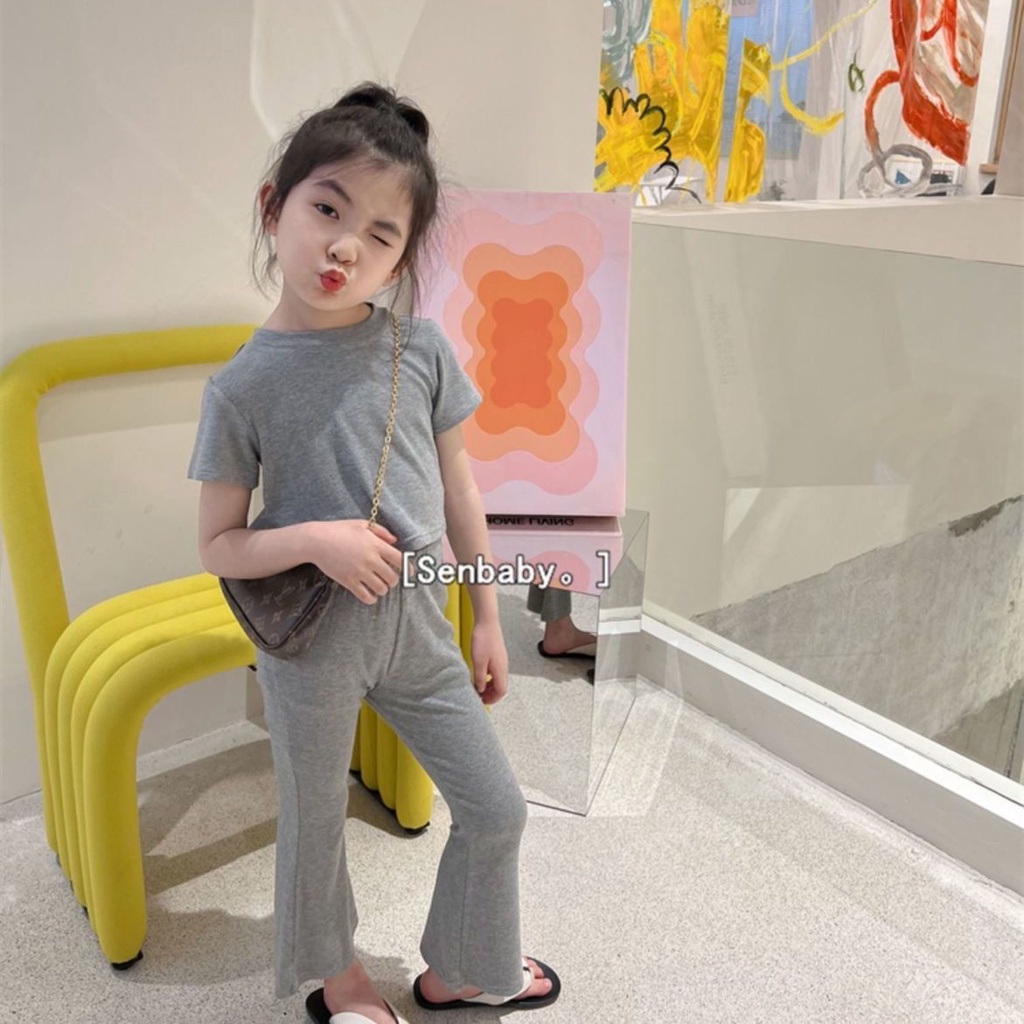 Set Áo Thun Tay Ngắn Màu Trơn + Quần Dài Ống Loe Thời Trang Hè Hàn Quốc 2023 Dành Cho Bé Gái