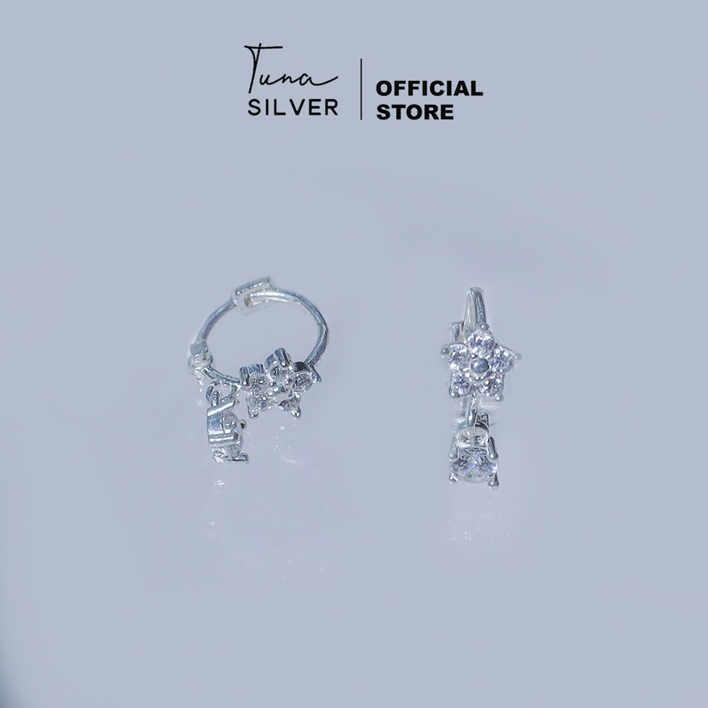 Khuyên tai bạc tròn gắn đá hình hoa, Hoa tai Bạc bạc tròn đính đá, Bông tai bạc nữ đá xinh TUNA SILVER CAM KẾT CHUẨN BẠC