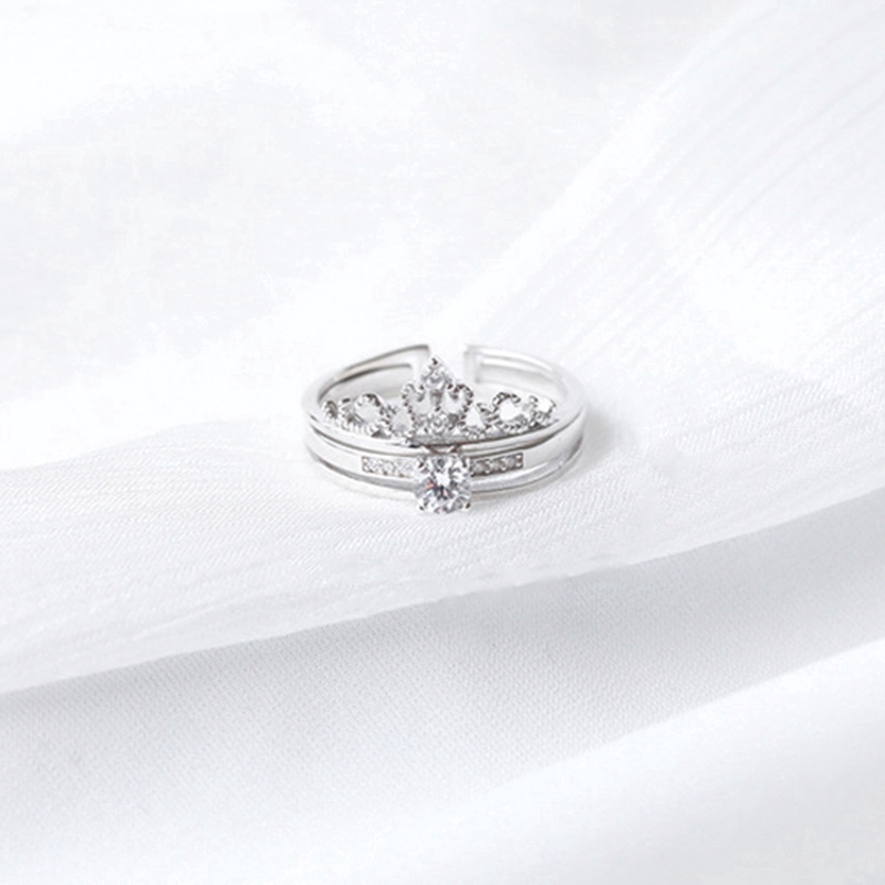 Ahellogirl Nhẫn Pha Lê Vương Miện 2Pcs In One Charm Crystal Crown Zircon Silver Wedding Ring Women Jewelry