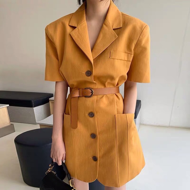 Đầm đũi cổ vest Quảng Châu kèm belt - Đầm cổ vest màu cam chất mát mặc hè