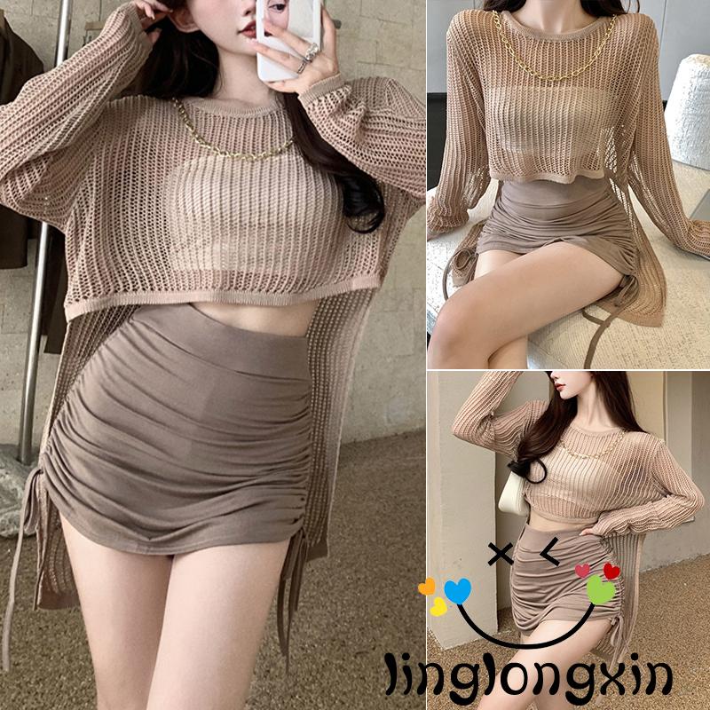 Áo Sơ Mi Dệt Kim Tay Dài Dáng Rộng Thiết Kế Rách Màu Trơn Thời Trang Đường Phố Cho Nữ 2 Màu Sắc