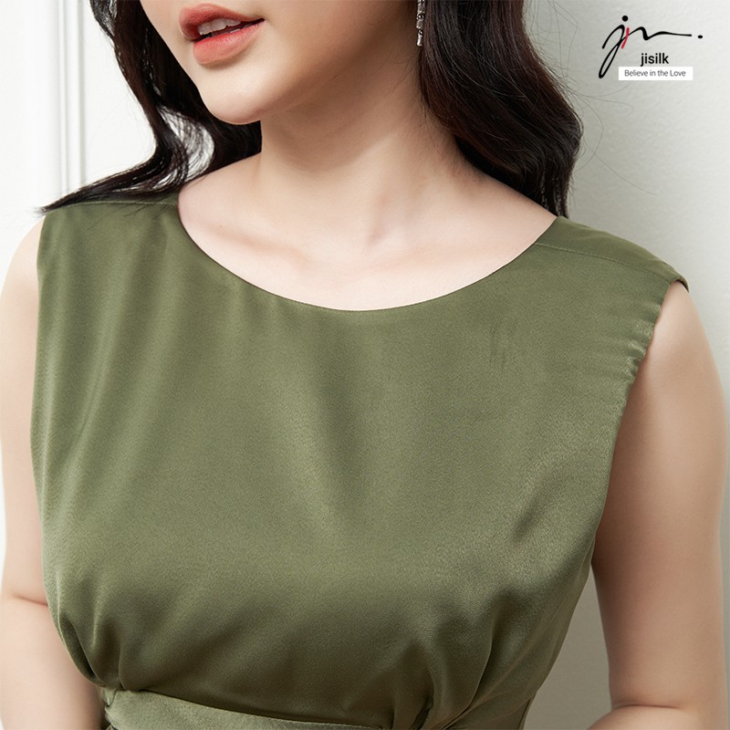 Váy công sở liền dáng dài, đầm lụa trơn sát nách cổ tròn Hàn Quốc (2 bản ngắn-dài phù hợp) Elegant L.VA0-01 - jisilk | BigBuy360 - bigbuy360.vn