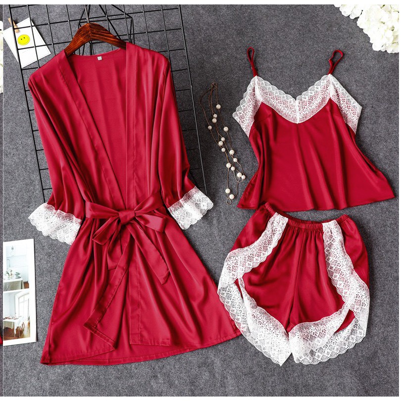 Hisexy Set Áo Khoác 2 Món Áo Khoác Và Đồ Bộ Ngủ Lụa Satin Cao Cấp Dưới 75Kg - AK29MS29