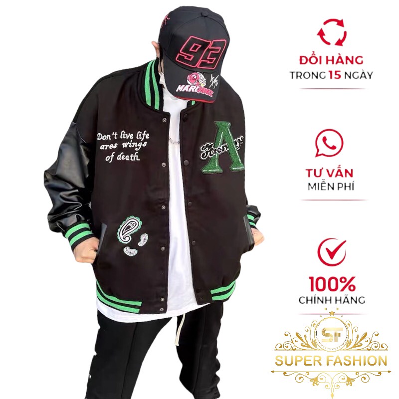 Áo Khoác Bomber Nam Nữ Form Rộng, 2 Lớp Vải Dạ Dày Phối Tay Da Cao Cấp SUPER FASHION