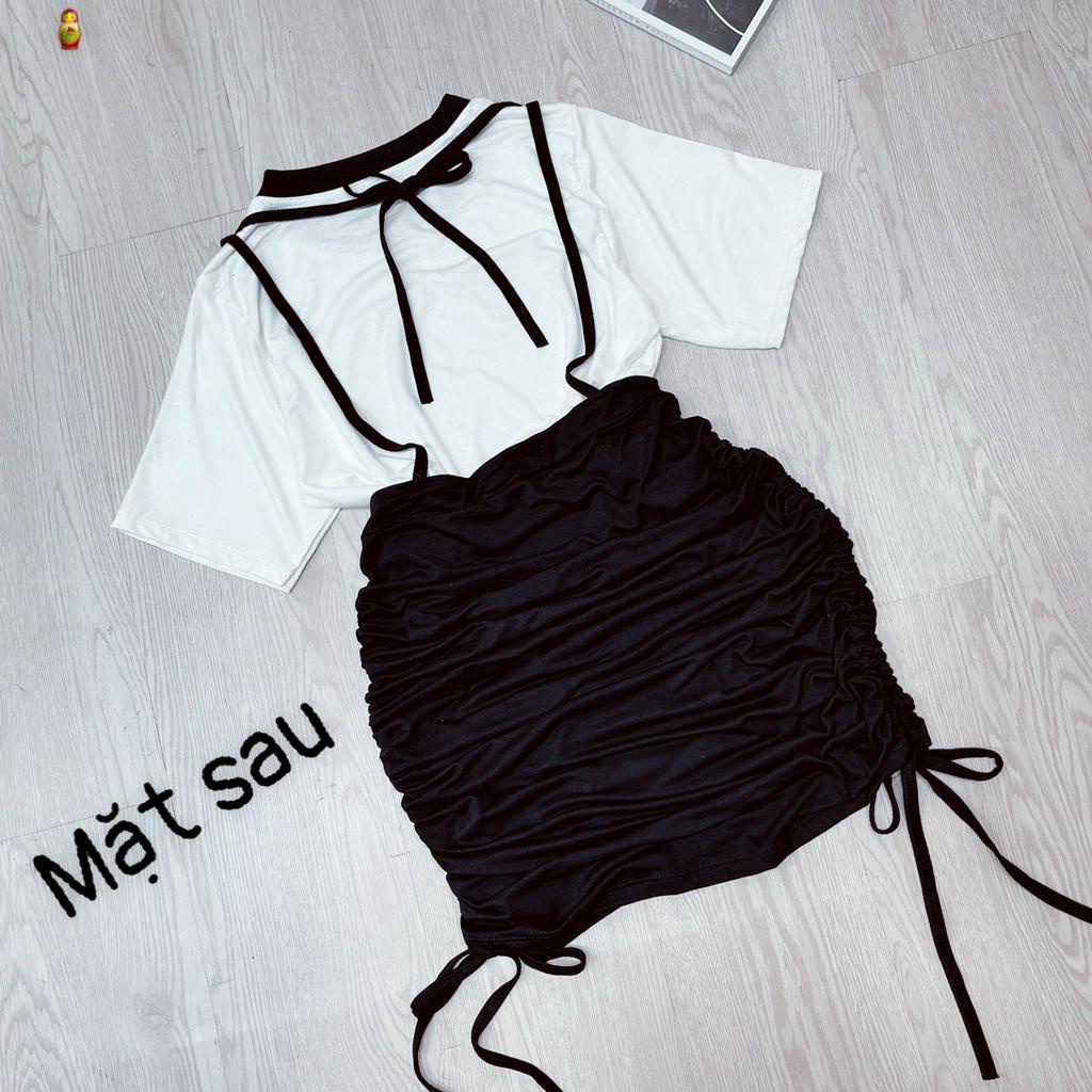 set bộ áo yếm rút dây 2 bên kèm áo thun dễ thương chất gân