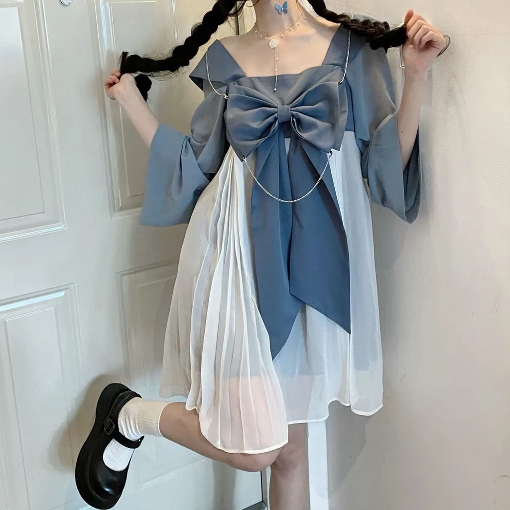 Đầm Hán Phục Cổ Vuông Eo Cao Xếp Ly Vải Mềm Mại Phong Cách Nhật Bản Dễ Thương Thời Trang Mùa Hè Cho Nữ