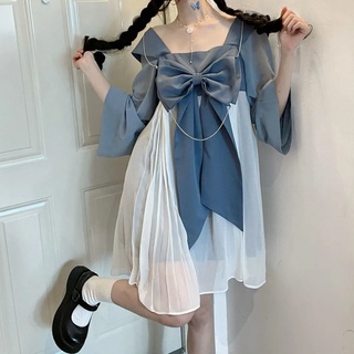 Đầm Hán Phục Cổ Vuông Eo Cao Xếp Ly Vải Mềm Mại Phong Cách Nhật Bản Dễ Thương Thời Trang Mùa Hè Cho Nữ