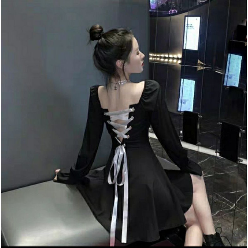 (HÀNG ORDER) ẢNH THẬT Váy tiểu thư đen có dây thắt sau lưng