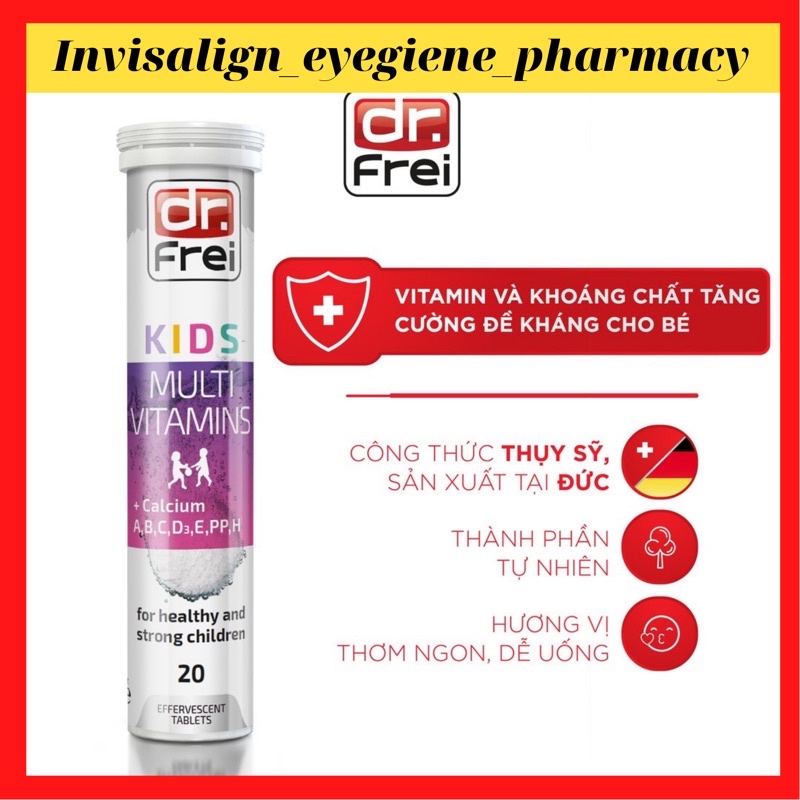 Viên Sủi Bổ Sung Vitamin và Khoáng Chất cho Trẻ Em Dr. Frei SWISS Kids Multivitamins + Calcium (20 Viên]