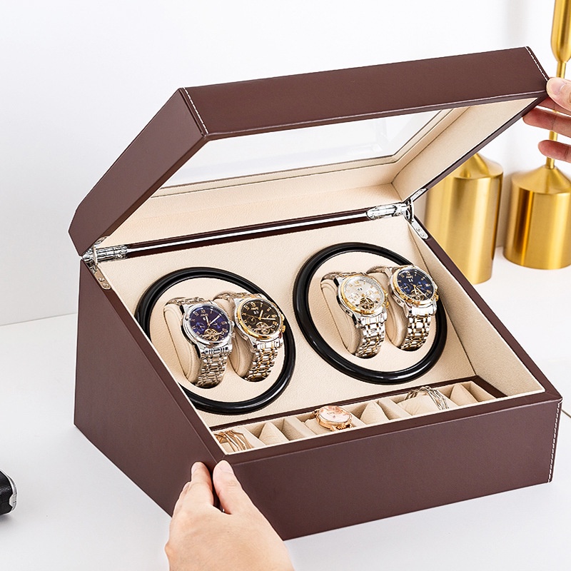 W103C Hộp xoay đồng hồ cơ, hộp lên cót tự động 4 chiếc đồng hồ và trưng bày 6 ngăn bọc da nâu sang trọng