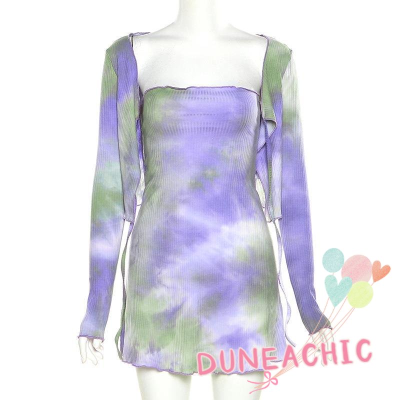 DUNEA Set đồ gồm đầm hai dây và áo khoác cardigan thời trang xinh xắn cho nữ