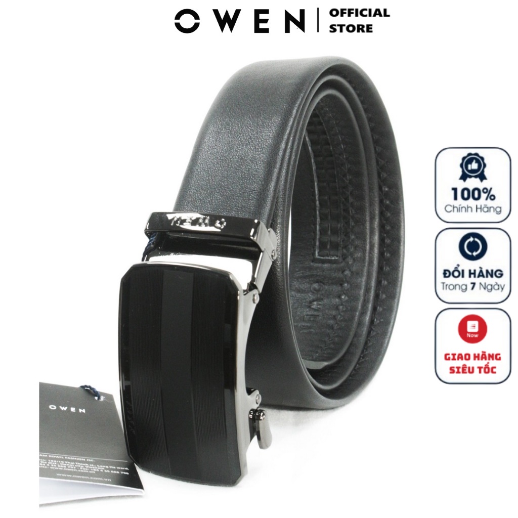 Thắt Lưng Nam Owen BELT220602 Dây Lưng Da Bò Cao Cấp Dây Nịt Nam Da Thật Màu Đen Mặt Đúc Nguyên Khối Khóa Trượt Tự Động