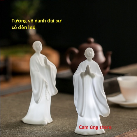 Tượng Vô Danh Bái Phật có đèn- Tượng gốm Vô Danh Đại Sư niệm phật trang trí tiểu cảnh bonsai phối lũa, đèn ngủ trang trí