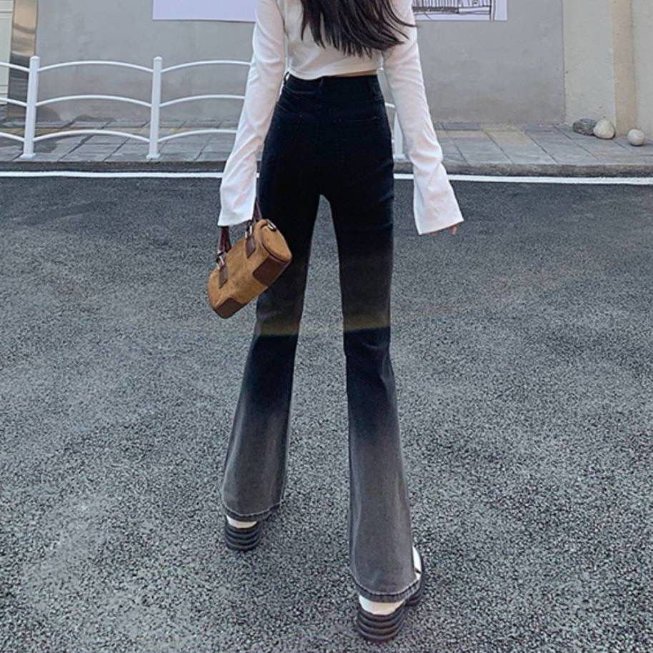Quần denim Ống Loe Lưng Cao Màu Đen gradient Thời Trang Dành Cho Nữ