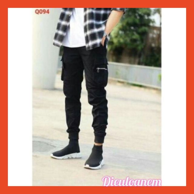 &lt;FREE SHIP&gt; Quần jogger nam nữ unisex túi hộp khóa zip vải kaki co giãn xịn cực chất (095)