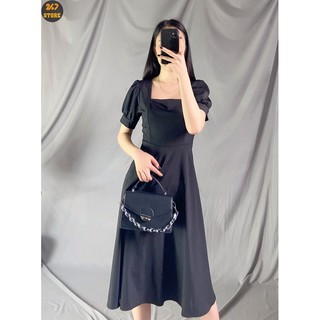 Váy công sở cổ vuông chữ A màu đen , tay bông, dáng chữ A247STORE (màu đen) vải lụa mềm nhẹ cao cấp không nhăn