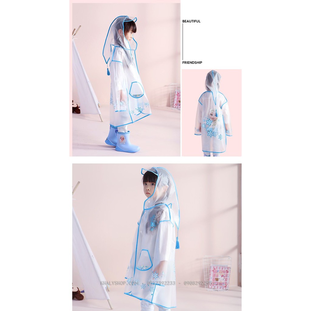 Áo mưa trong suốt hình công chúa Frozen Elsa và Anna màu xanh dương cho bé gái còn size (S,M,L,XL) - 98P4NDF19179QX