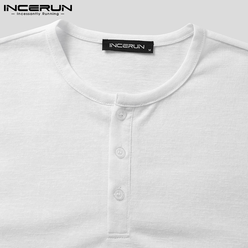 Áo thun INCERUN màu trắng tay dài cổ tròn dáng rộng giản đơn thoáng mát dành cho nam