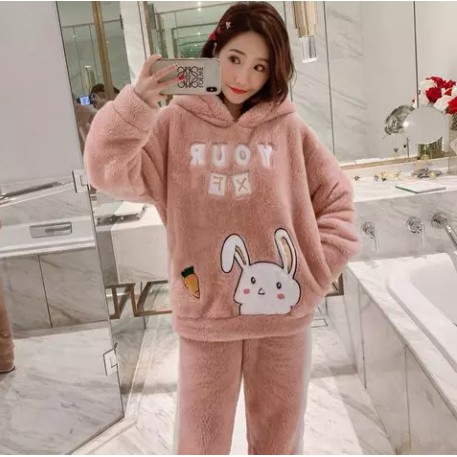 Bộ đồ lông thỏ, Bộ đồ nỉ lông siêu đẹp, ấm, màu hồng | BigBuy360 - bigbuy360.vn