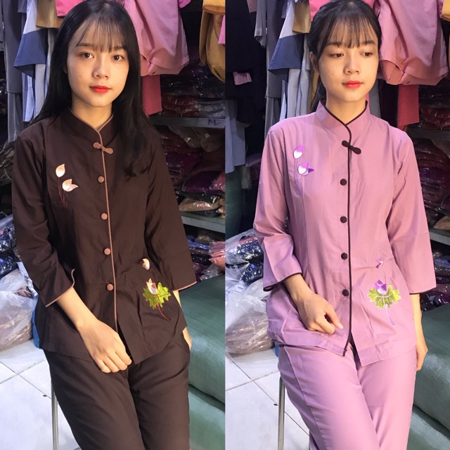 Thời trang nữ, áo lam, đồ đi chùa cổ tàu thêu sen