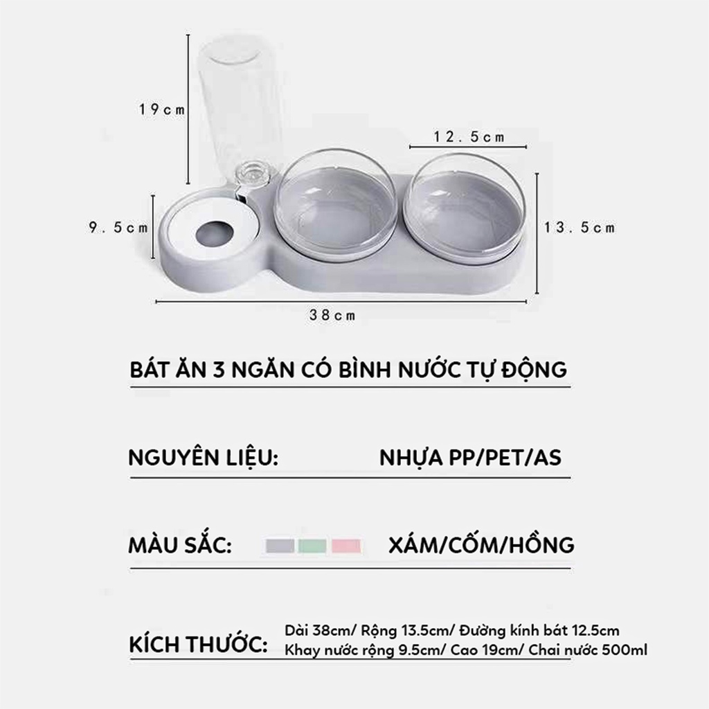 Bát ăn cho chó mèo thú cưng hai ba ngăn có khay bình nước tự động 500ml Petoka