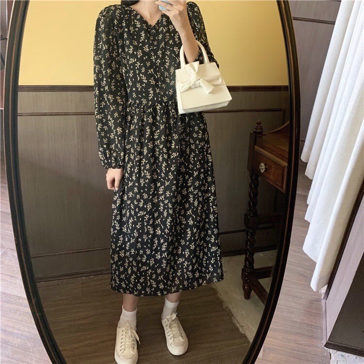 [Ảnh thật] Đầm - Váy babydoll hoa nhí cổ V dáng dài cài cúc ulzzang