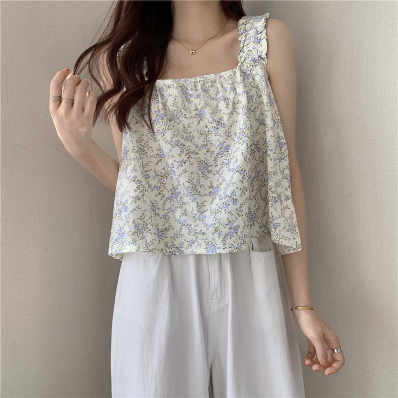 Áo Thun Không Tay Dáng Rộng Họa Tiết Hoa Xinh Xắn Cho Nữ