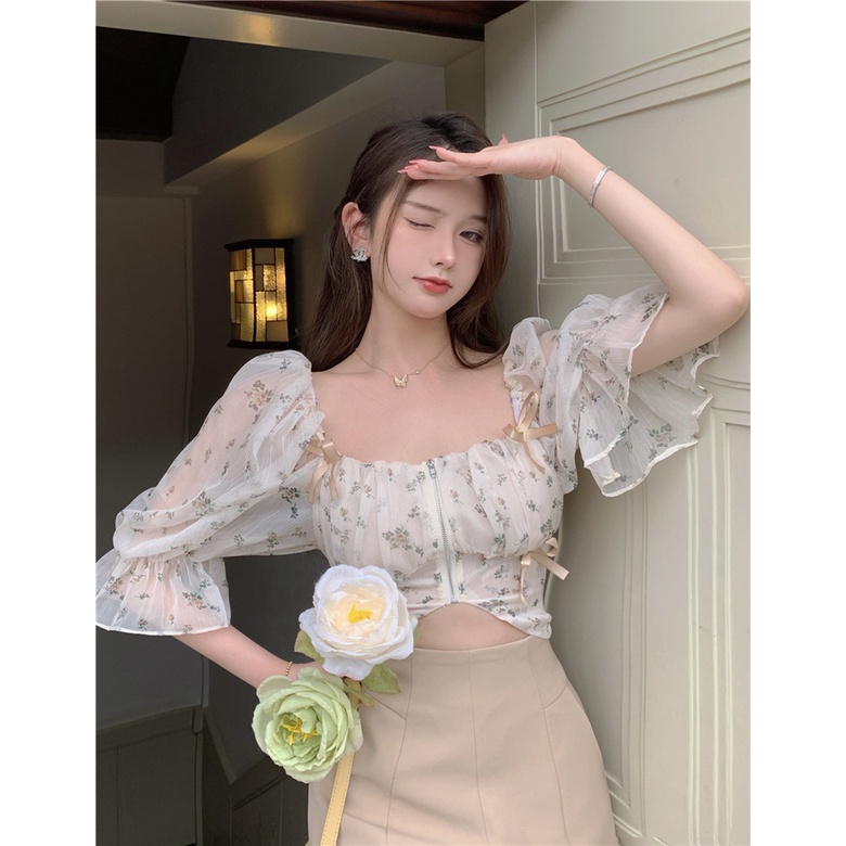 Áo trễ vai tay bồng dài phồng croptop kiểu nữ in họa tiết hoa dễ thương phong cách Hàn Quốc thời trang mùa hè DK8T201