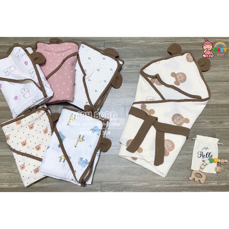 Emom - Chăn ủ Muslin sợi tre đa năng 4 lớp có mũ mềm mại