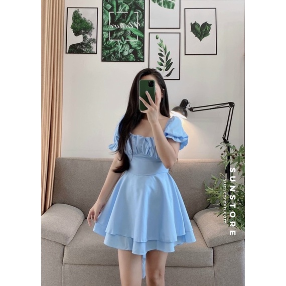 Jumsuit xanh xếp ly ngực thắt dây eo bèo tầng