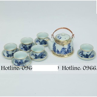 Bộ ấm chén VUỐT TRỤ bọc đồng số 2 MEN XANH - vẽ trúc lâm thất hiền BÁT TRÀNG