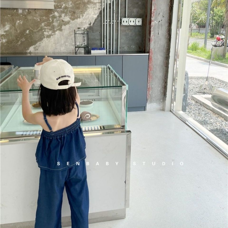 Set Áo Hai Dây + Quần Denim Ống Rộng Thời Trang Mùa Hè Cho Bé Gái