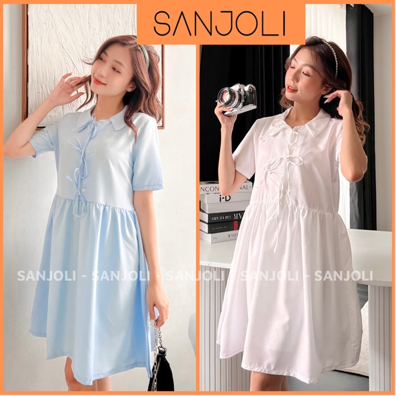 Váy Babydoll SANJOLI Đầm Trắng Dự Tiệc Dáng Xòe Cổ Sơ Mi Thắt Nơ Dễ Thương Hàn Quốc Ulzzang VD069
