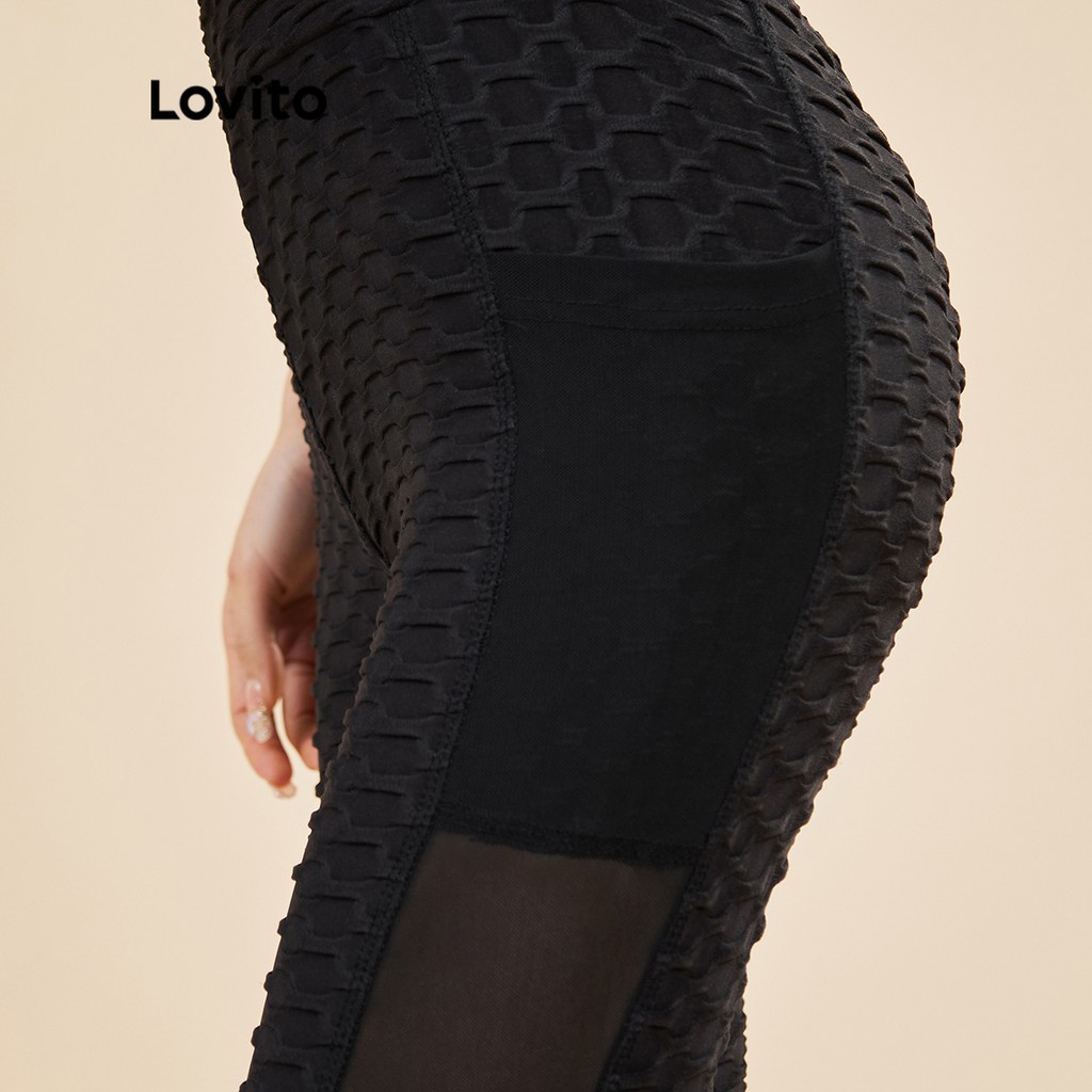 Quần legging Lovito màu trơn kết cấu lưới tương phản phong cách thể thao L15X239 (Màu đen)