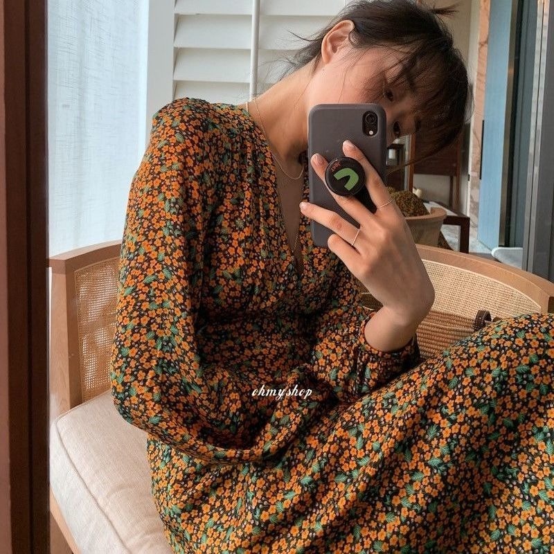 Đầm Eo Cao Cổ Chữ V Dáng Ôm Phong Cách Retro Lãng Mạn Thời Trang Pháp Mới