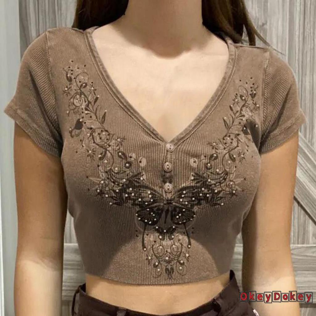 Áo croptop tay dài cổ chữ V in họa tiết cây và bướm thời trang cho nữ