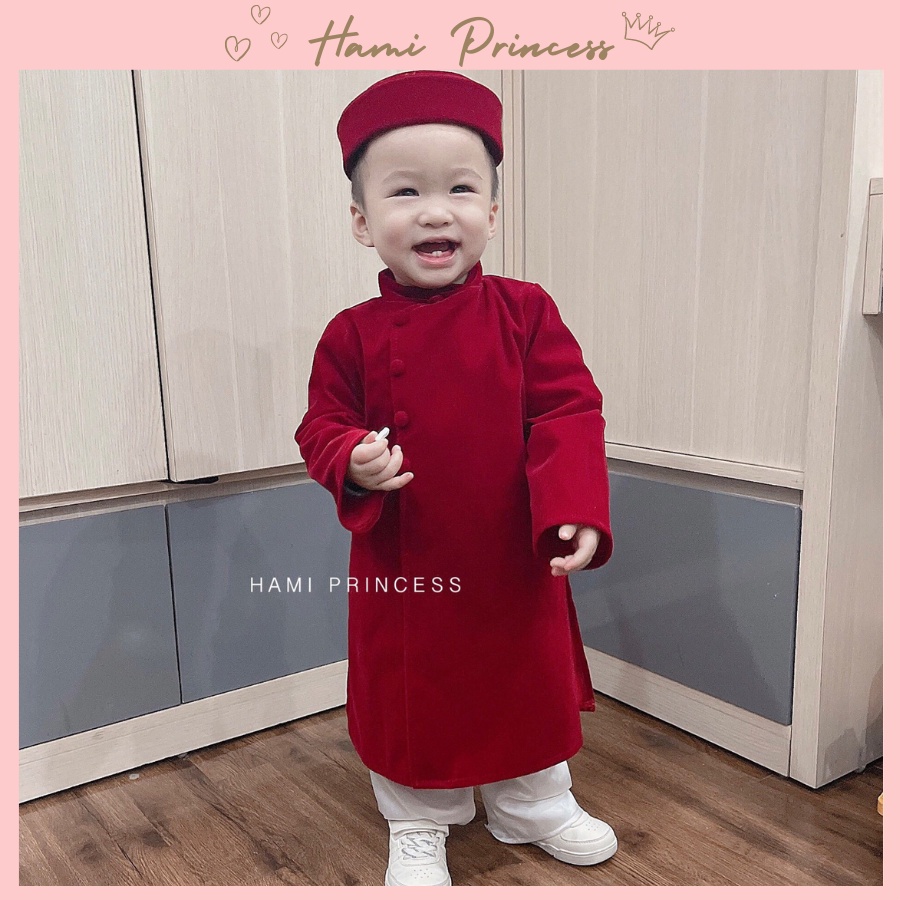 Áo Dài Nhung Bé Trai Thiết Kế Thanh Lịch HAMI PRINCESS (Kèm Quần Lụa &amp; Mấn)