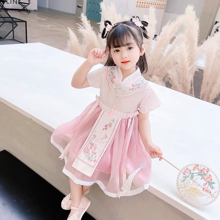 Đầm Hán Phục Tay Ngắn Thêu Họa Tiết Phong Cách Trung Hoa Mới 2022 Cho Bé Gái