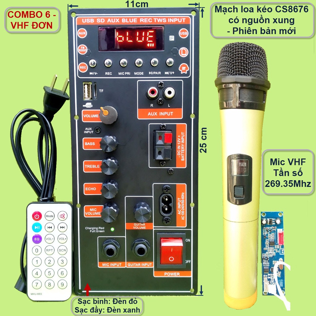 Mạch loa kéo CS8676 có nguồn xung kèm Micro đơn hoặc Micro đôi – Bluetooth Karaoke Guitar điện – cho loa kéo 3 tấc đơn