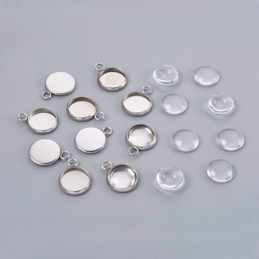 Set 5/10 Mặt Dây Chuyền Bằng Inox 304 Hình Tròn 10mm 15x12x2mm Lỗ Tròn Phẳng DIY