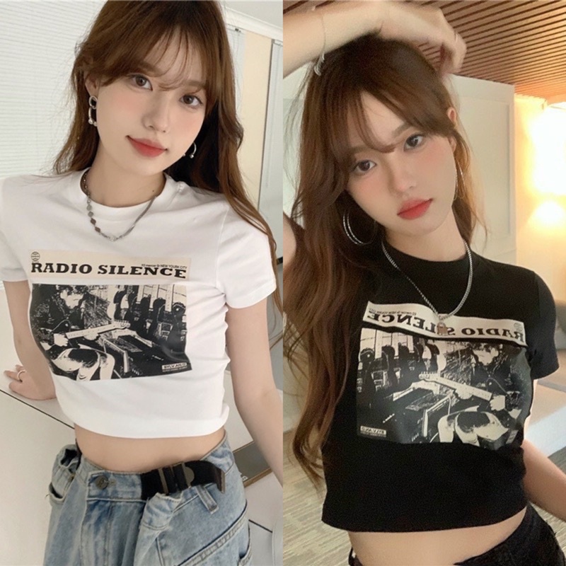 Áo Croptop Tay Ngắn Dáng Ôm In Hình Chất Thun Lụa Co Giãn YUMI BÁN SỈ