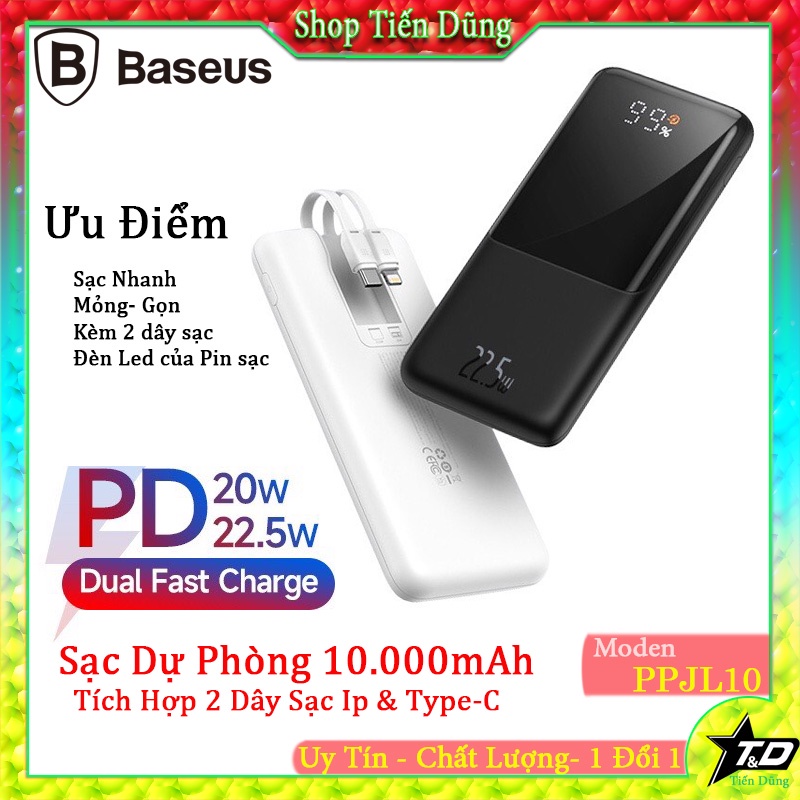 Pin Sạc Dự Phòng Baseus PPJL10 10000mAh 22.5W với Cáp PD 5A 20W cho iPhone 13 Pro Max Samsung Xiaomi