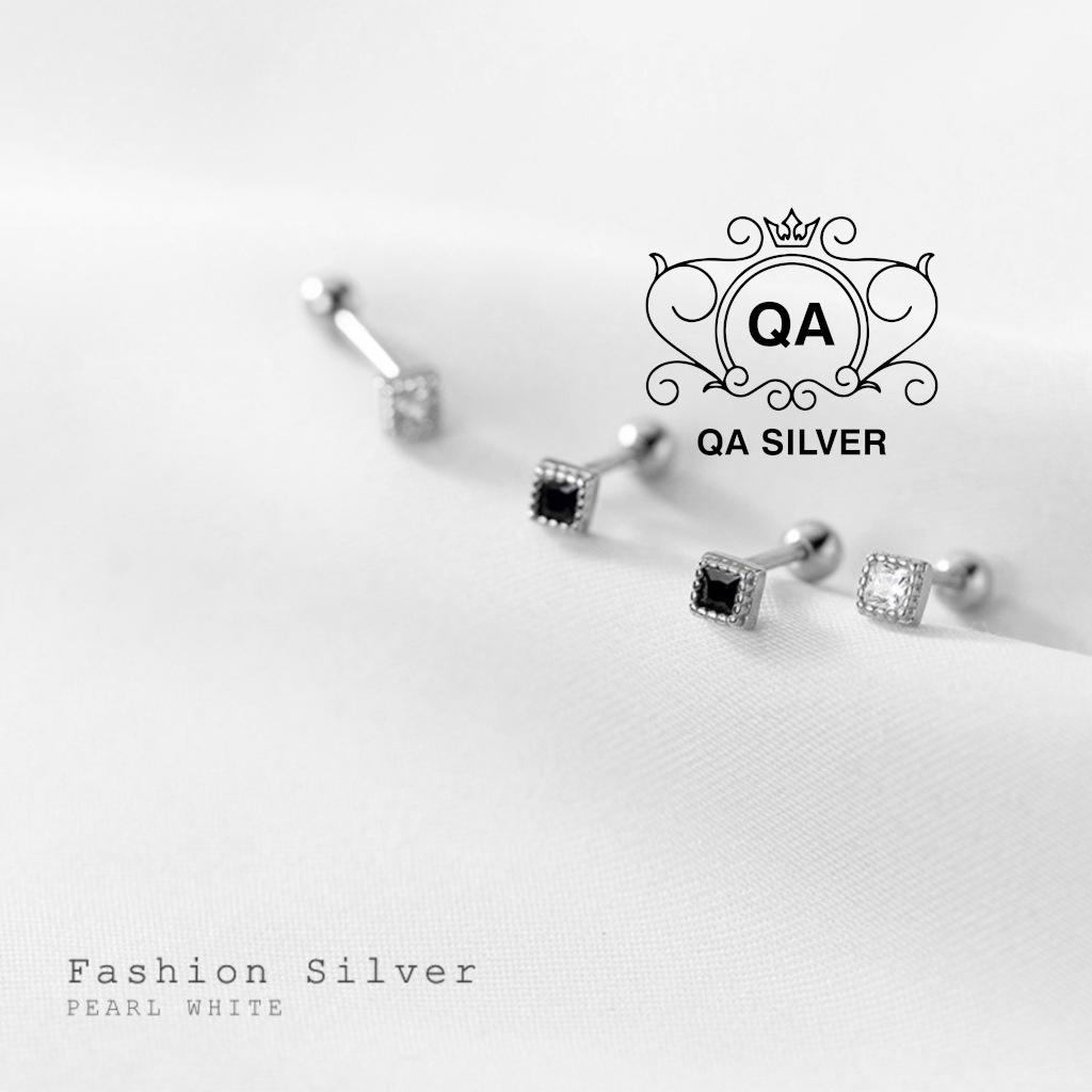 Khuyên tai bạc 925 vuông mặt đá đen trắng chốt bi vặn bông nam nữ S925 MINIMAL QA SILVER Earrings EA220904