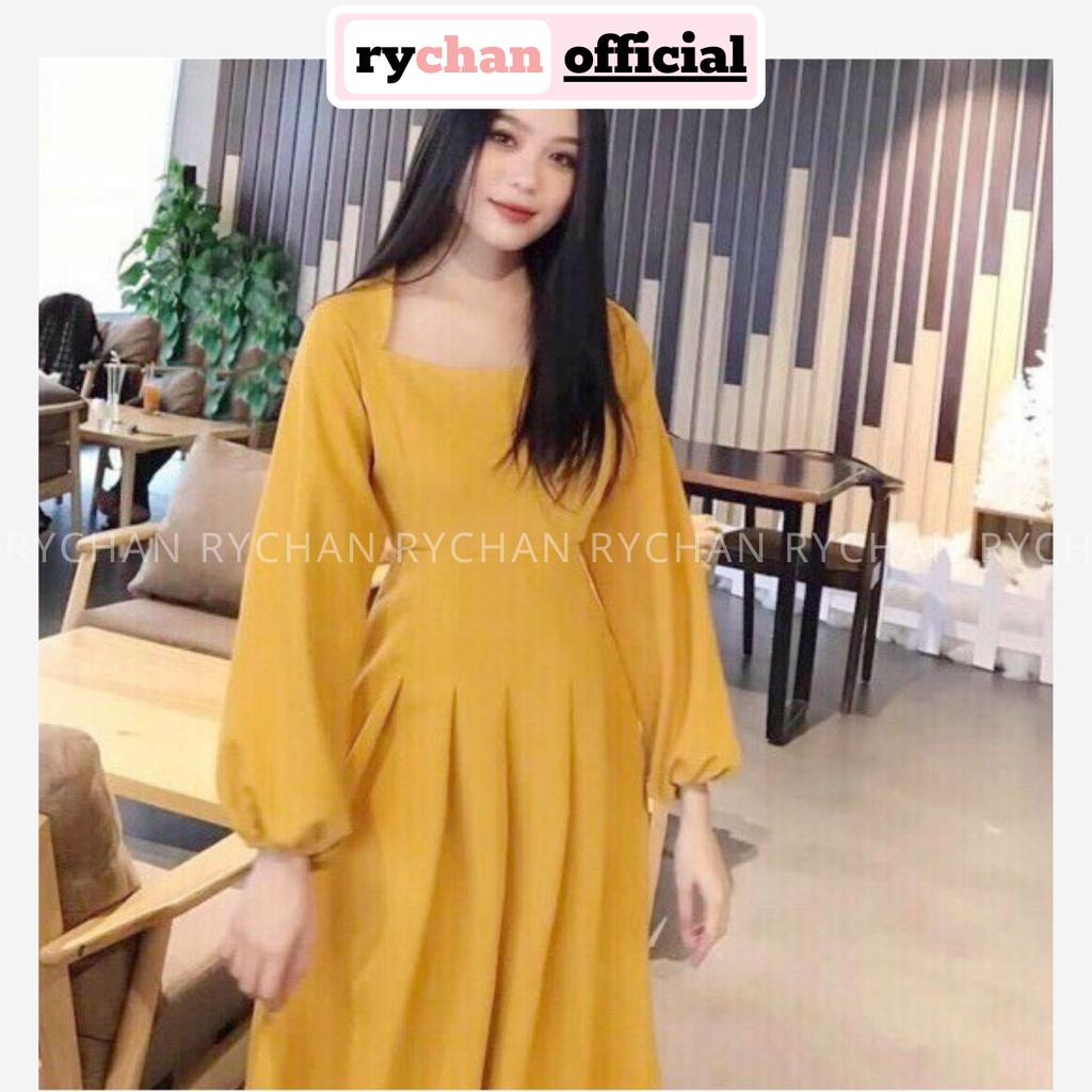 DX793 - Đầm Xòe Vàng Xếp Li Tay Dài