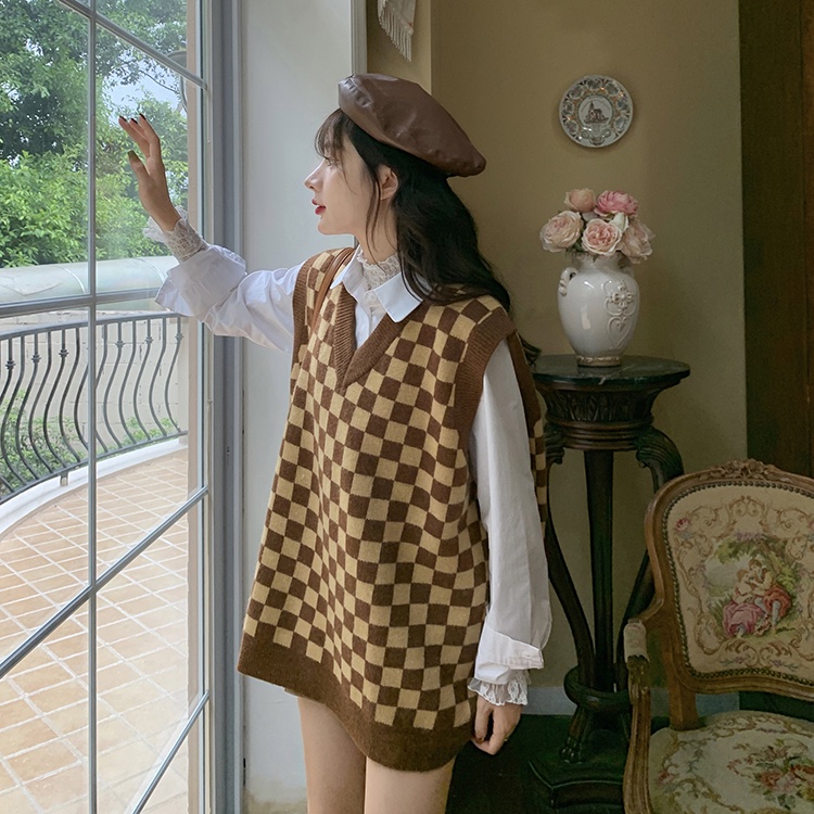 Áo Len Không Tay Họa Tiết Sọc Caro Phong Cách Hàn Quốc