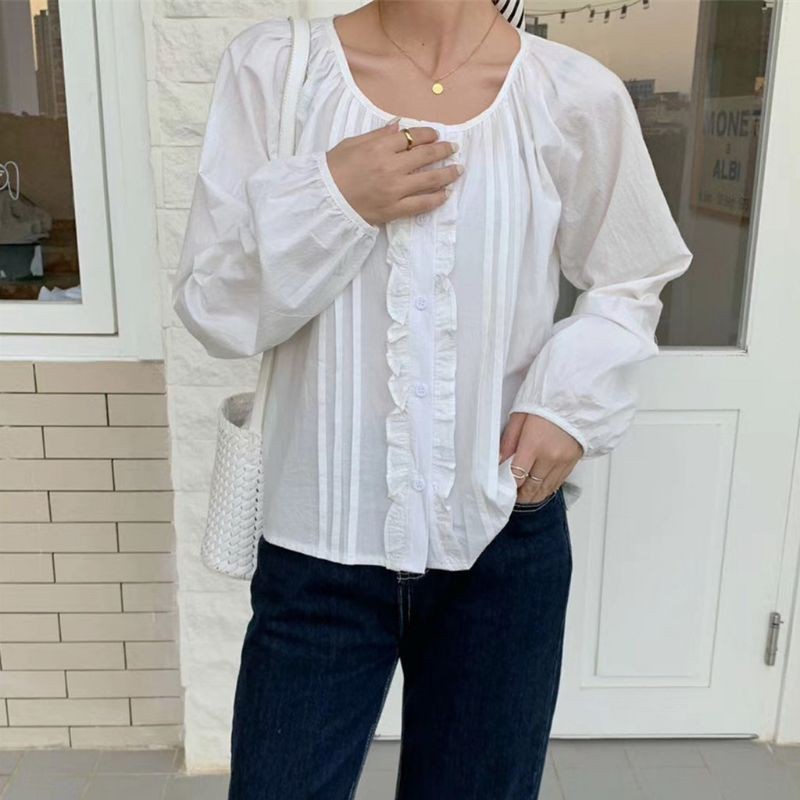 Áo babydoll cổ tròn phối bèo vintage tiểu thư