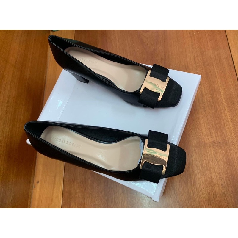 Giầy phối mũi đen nơ vải siêu xinh