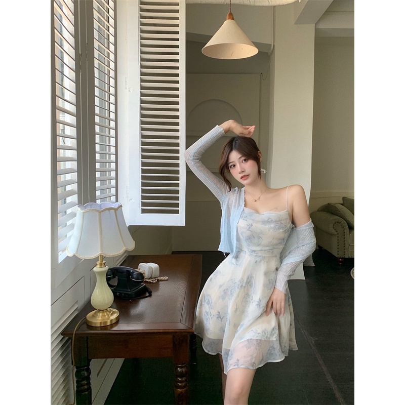 Bộ trang phục áo khoác mỏng chống nắng phối đầm hai dây dáng chữ A vải voan thời trang cho nữ (có bán lẻ)