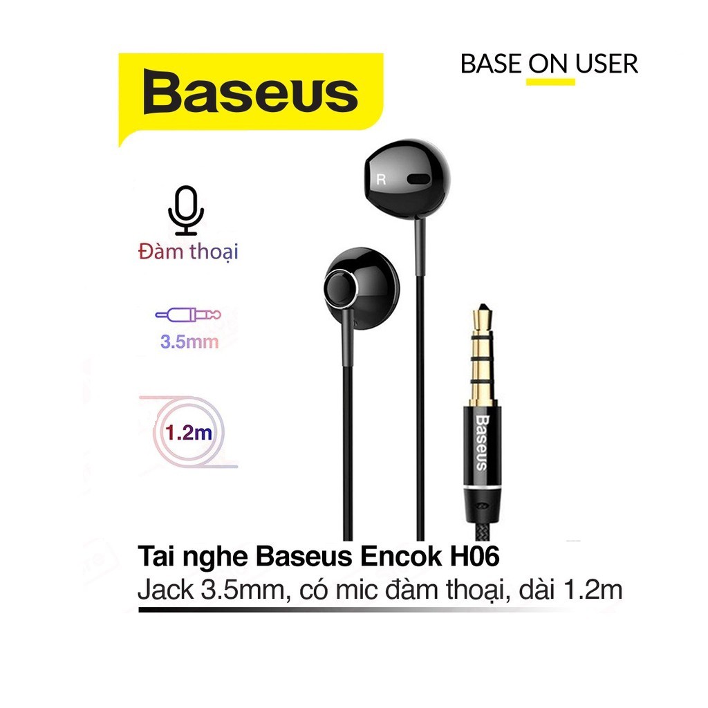 Tai nghe nhét tai jack 3.5mm Baseus Encok H06 dài 1.2M dây TPE vải cho Smartphone