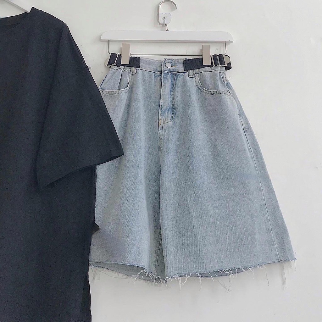 Quần short jean ống rộng Lylyshop có dây điều chỉnh eo, quần sooc đùi chất bò mềm mịn | BigBuy360 - bigbuy360.vn